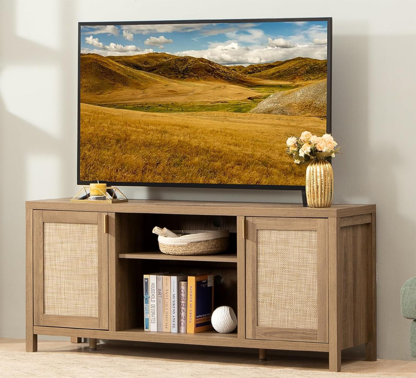 TV Stand for Living Room : Rattan TV Console Cabinet with Storage and