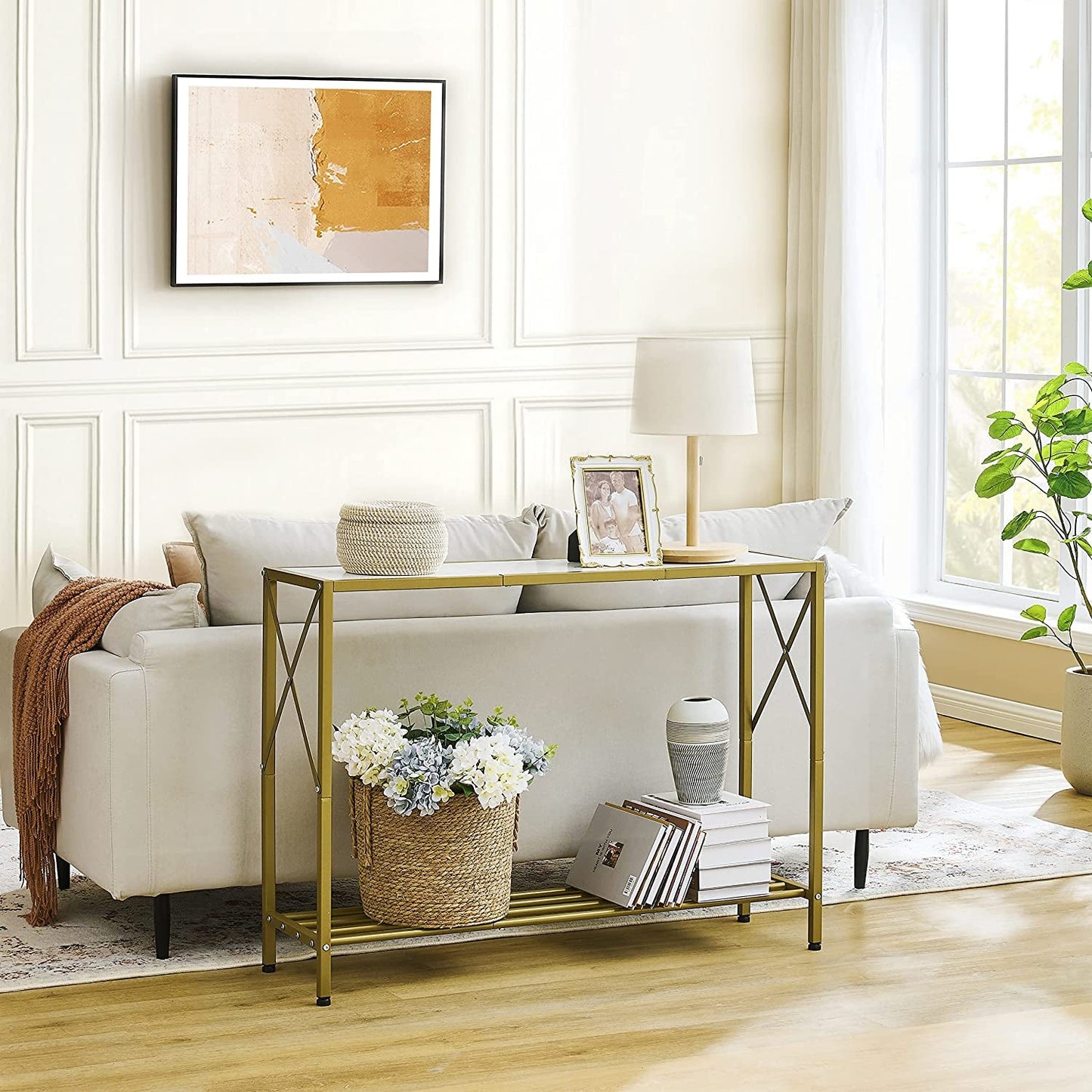 Gold and White Narrow Console Table with Shelves