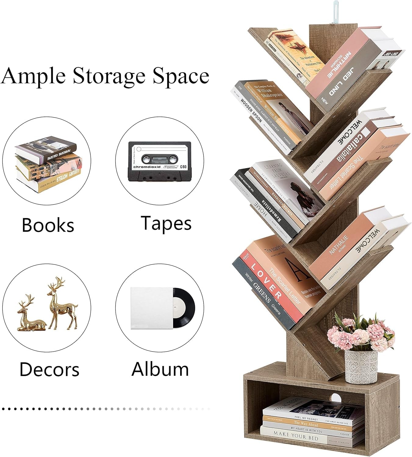 6 Tier Tree Bookshelf, Tall Bookcase with Drawer, Freestanding Book