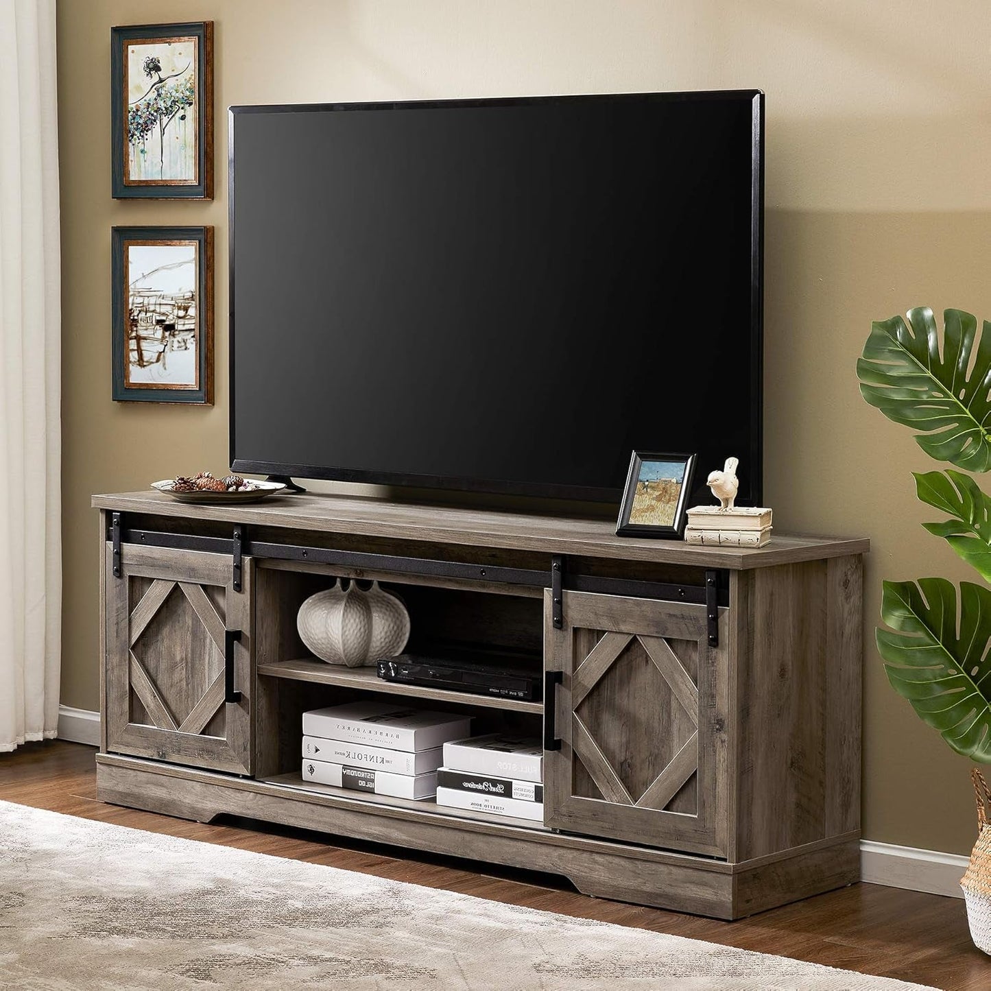 Farmhouse Sliding Barn Door TV Stand for Tvs up to 65 Inch, Modern