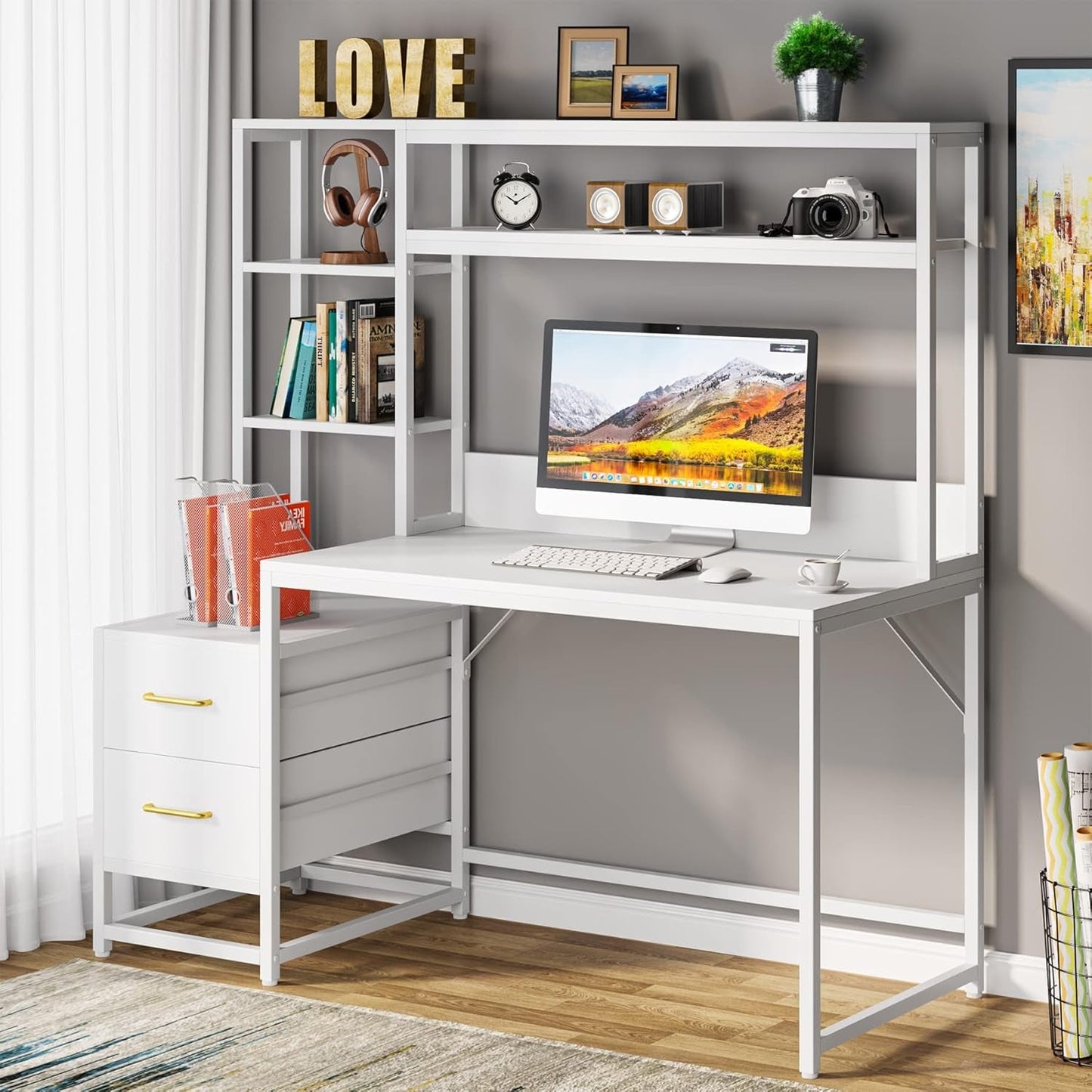 55 Inch Computer Desk with 2 Drawers and Storage Shelves, Rustic