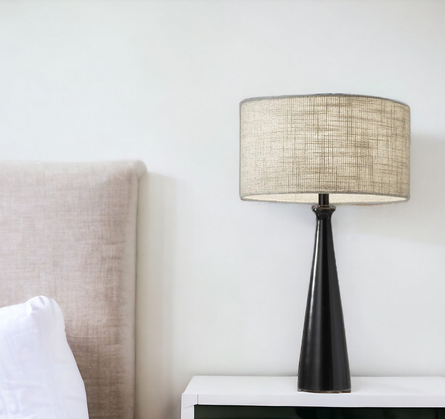 22" Silver Metal Table Lamp With Gray Drum Shade