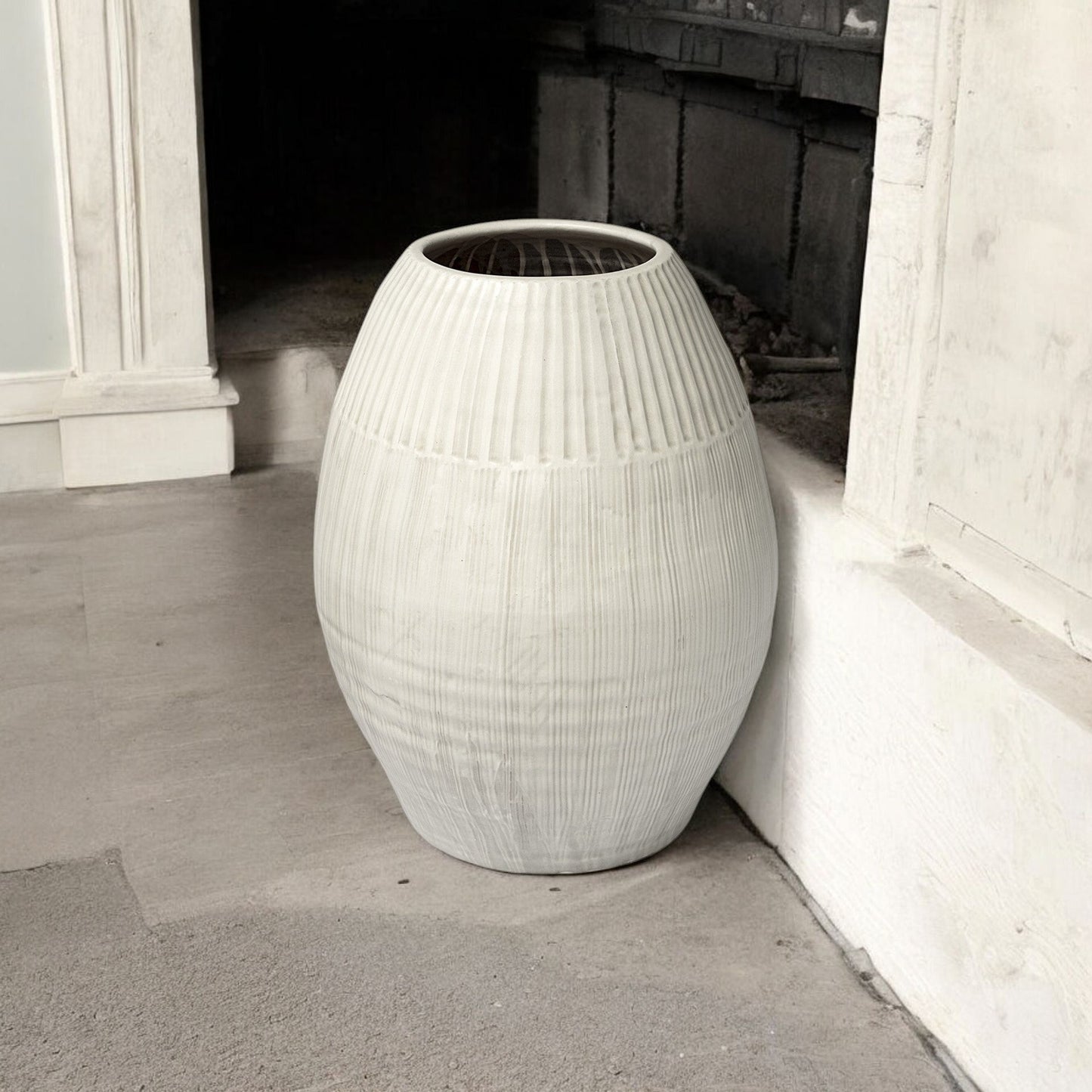 21" White Striped Ceramic Cylinder Floor Vase