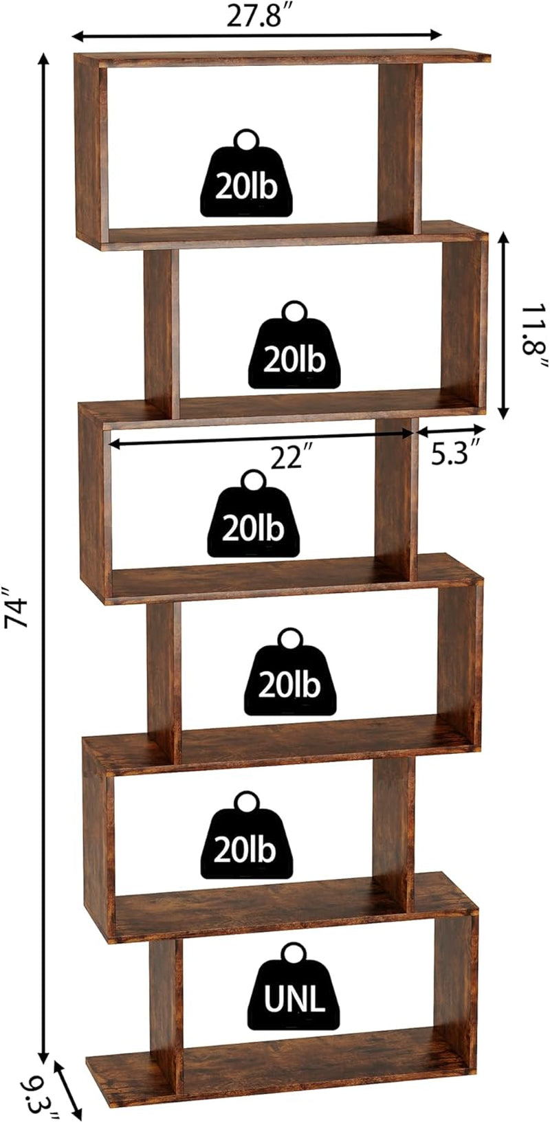 Geometric Bookcase, Bookshelf 6-Tier S Shaped Book Shelves for