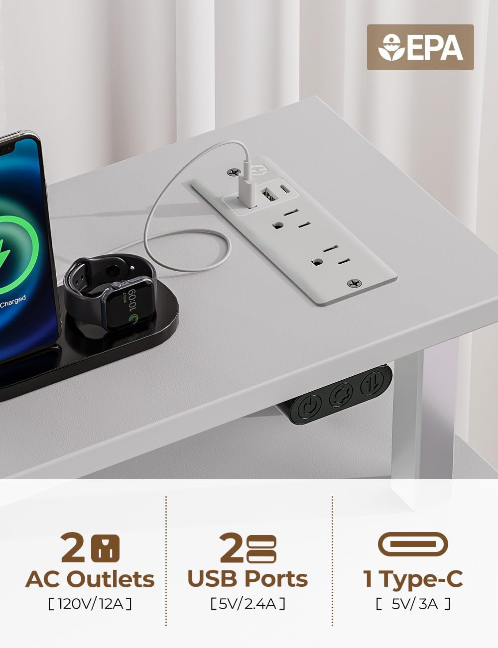 Computer Desk with Power Outlets & LED Light, 39 Inch Home Office Desk