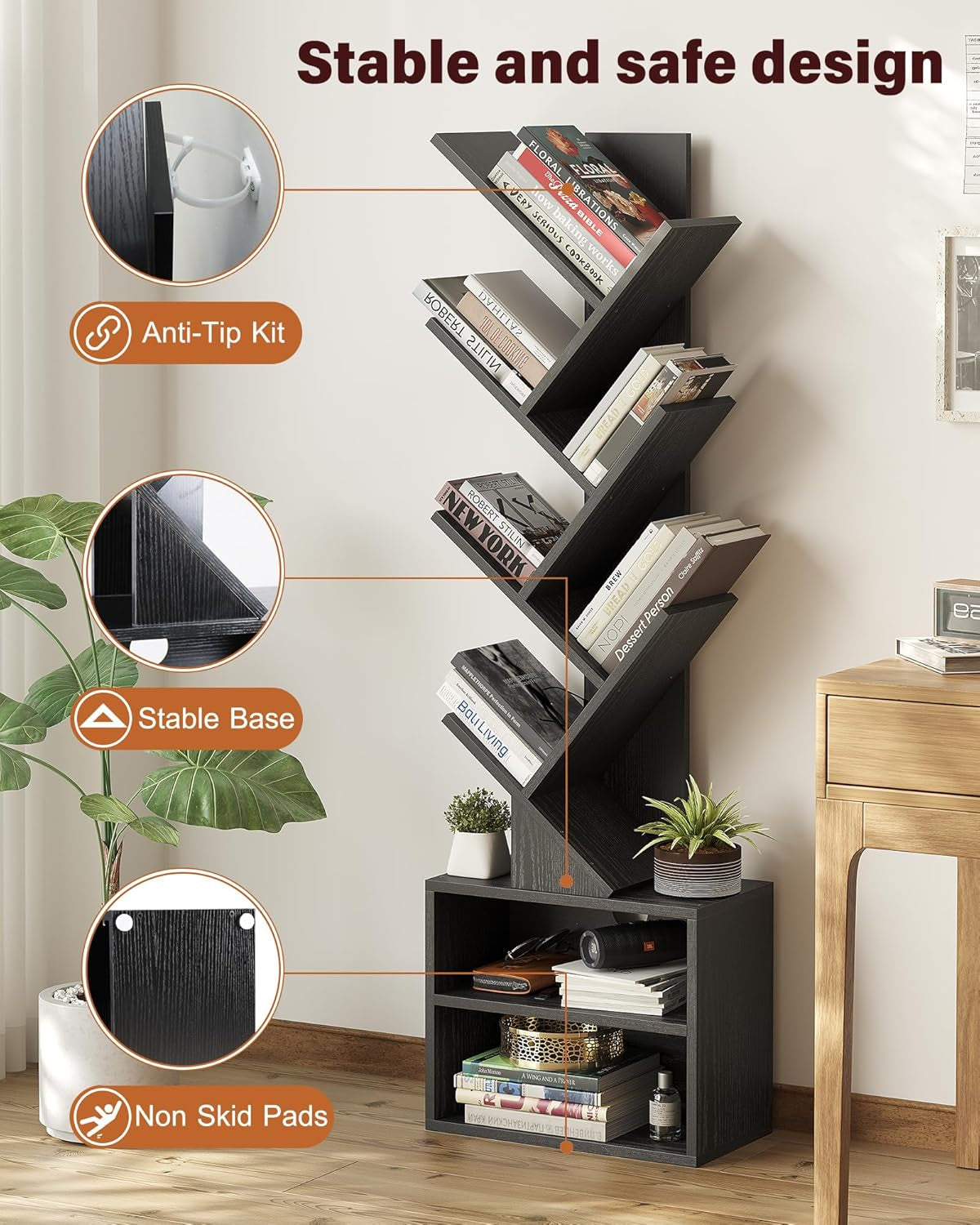 6 Tier Tree Bookshelf, Small Bookcase with Storage Cabinet, Modern