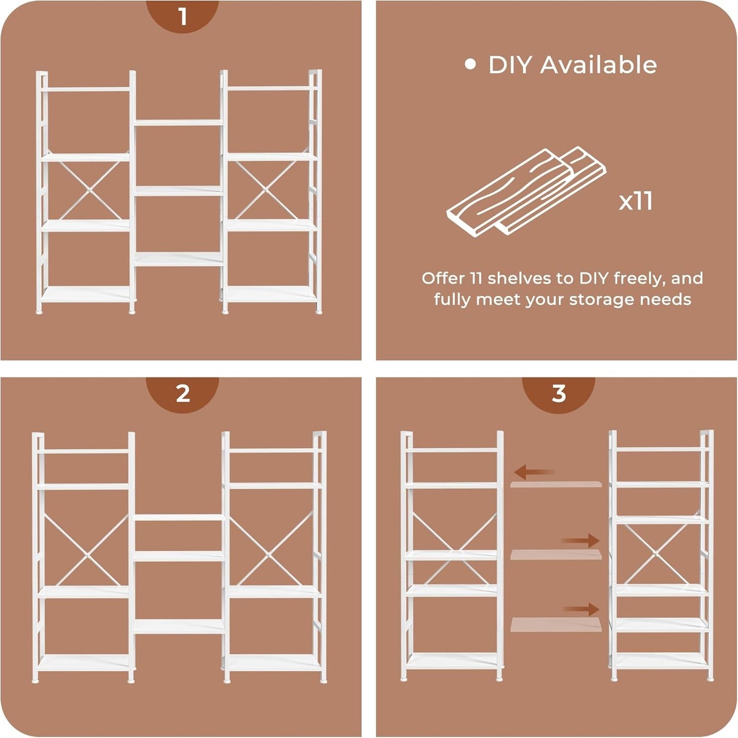 Triple 4 Tier Bookshelf, Bookcase with 11 Open Display Shelves, Wide