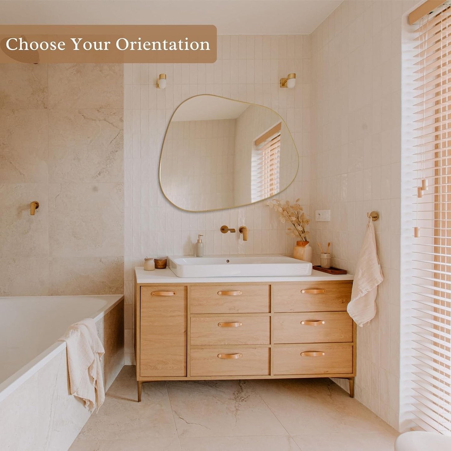 Contemporary Asymmetrical Wall Mirror with Golden Wood Frame - Ideal