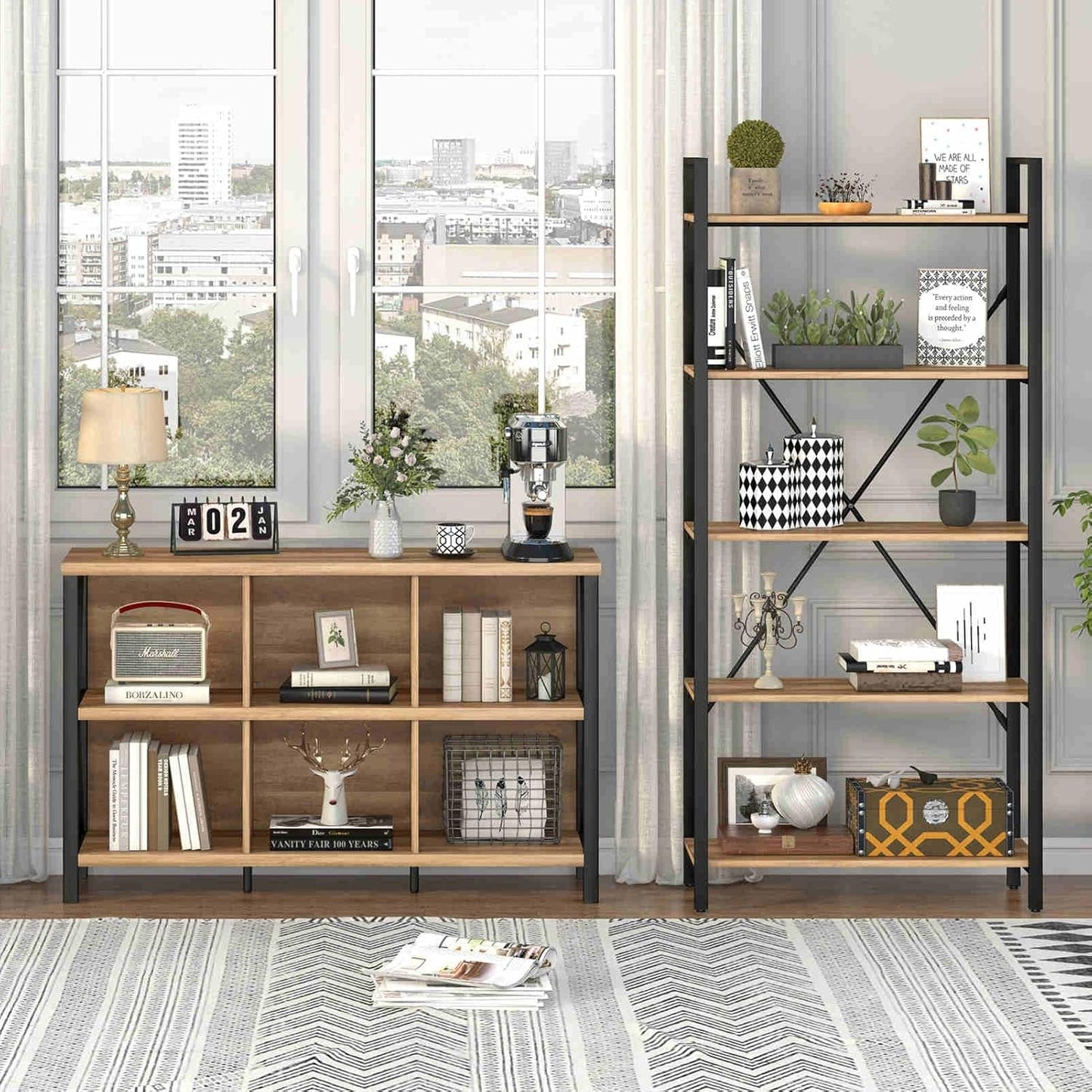 6 Cube Storage Organizer with Shelf, Long Wood and Metal Cubby