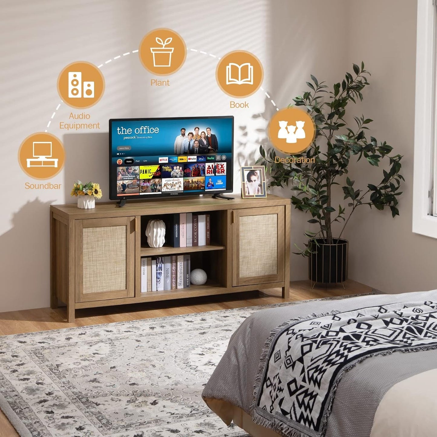 TV Stand for Living Room : Rattan TV Console Cabinet with Storage and