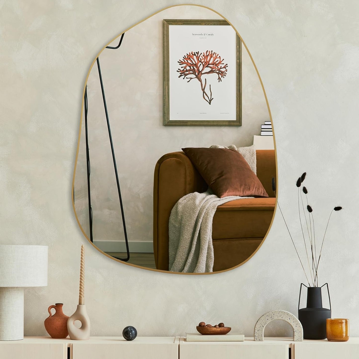 Contemporary Asymmetrical Wall Mirror with Golden Wood Frame - Ideal