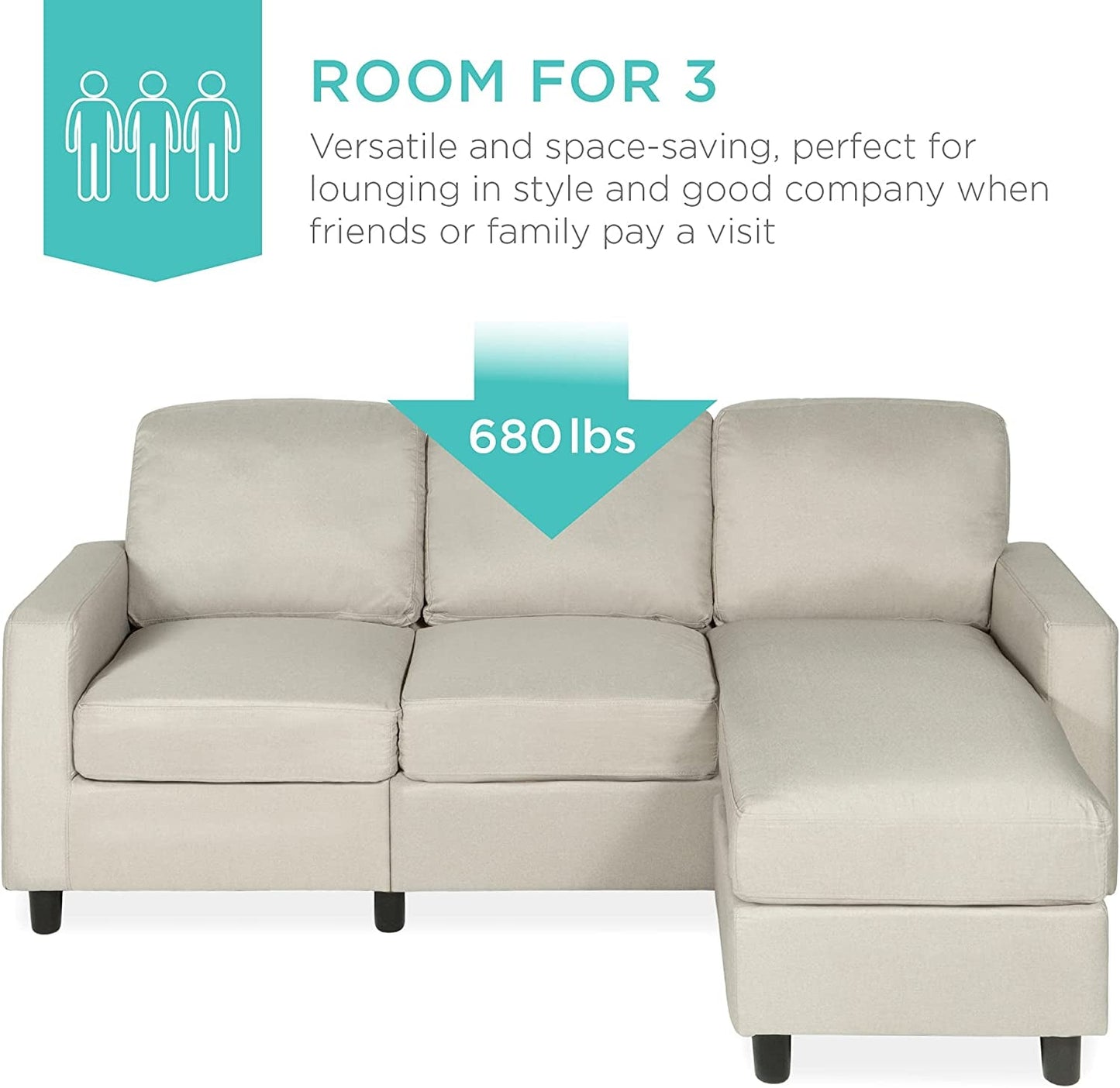 Compact Beige Linen Sectional Sofa with Chaise Lounge