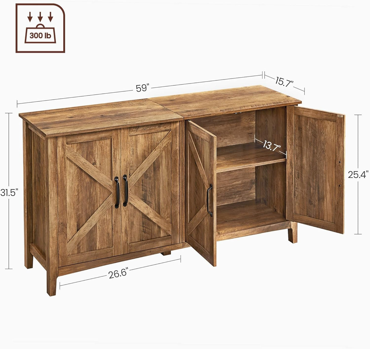 Rustic Walnut Buffet Cabinet with Adjustable Shelves