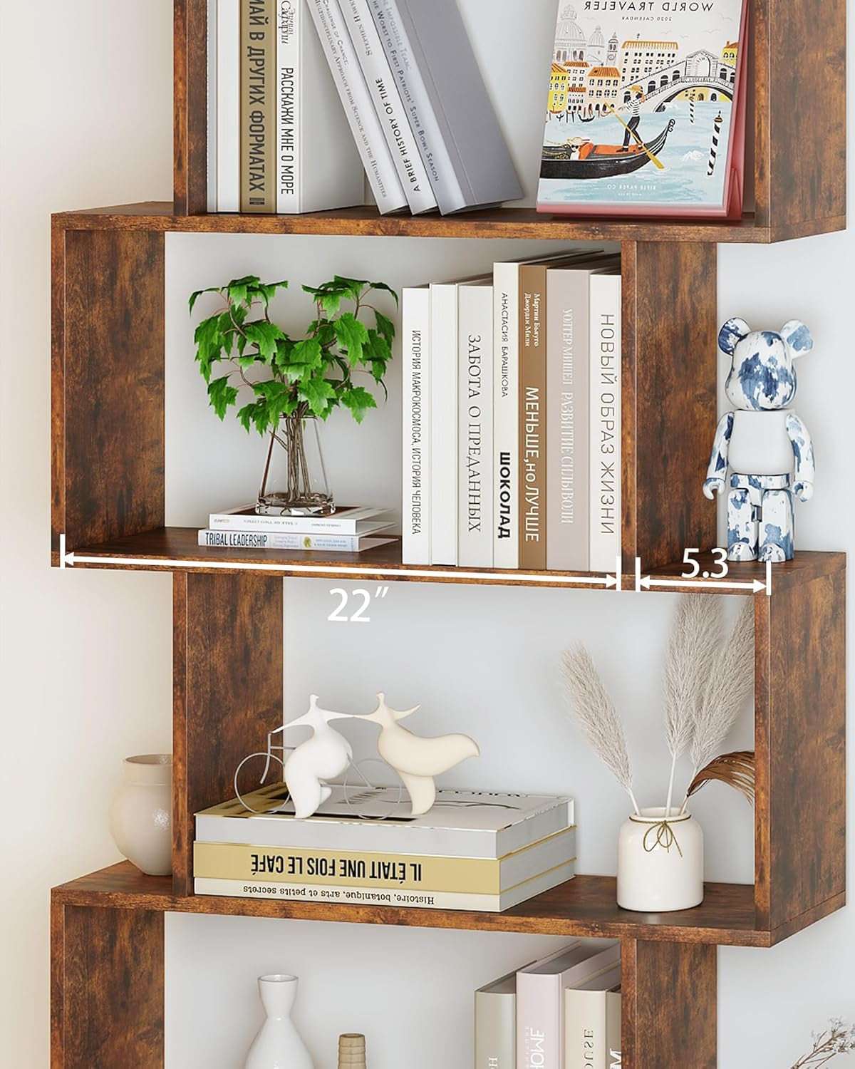 Geometric Bookcase, Bookshelf 6-Tier S Shaped Book Shelves for