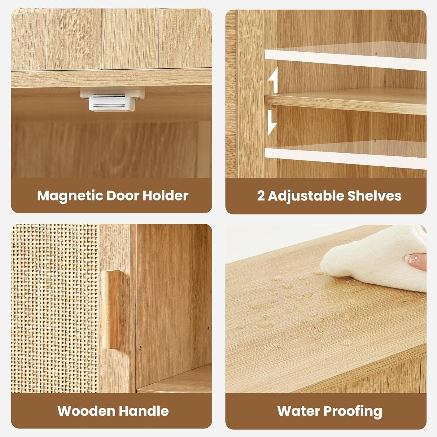 Storage Cabinet, Rattan Cabinet with 4 Adjustable Shelves, Coffee Bar