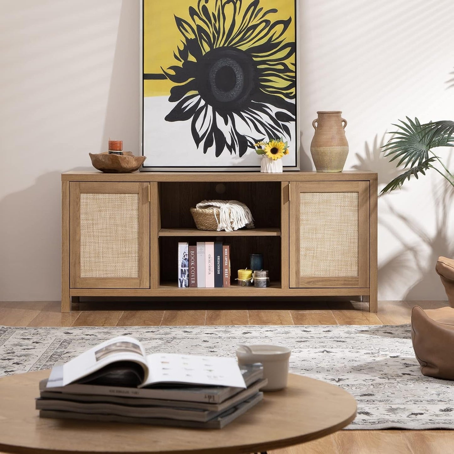 TV Stand for Living Room : Rattan TV Console Cabinet with Storage and