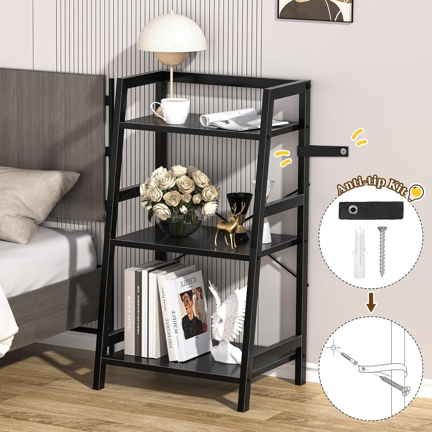3-Tier Bookshelf, Ladder Shelf, Stand up Shelves, Industrial Bookcase