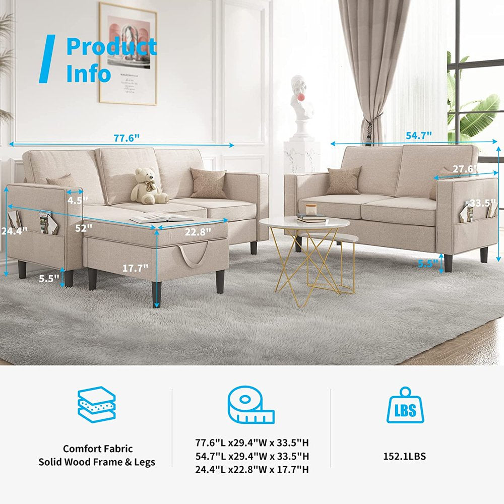 Convertible Sectional Sofa Couch with Storage Ottoman, 3 Pcs Couch Set