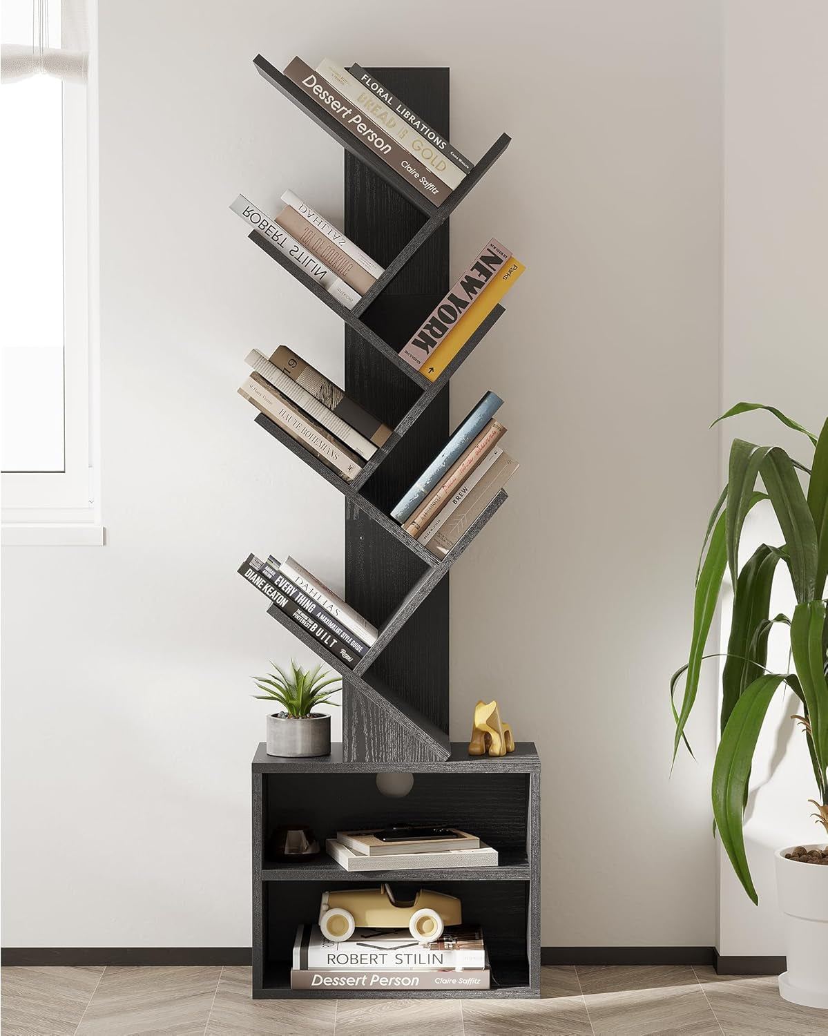 6 Tier Tree Bookshelf, Small Bookcase with Storage Cabinet, Modern