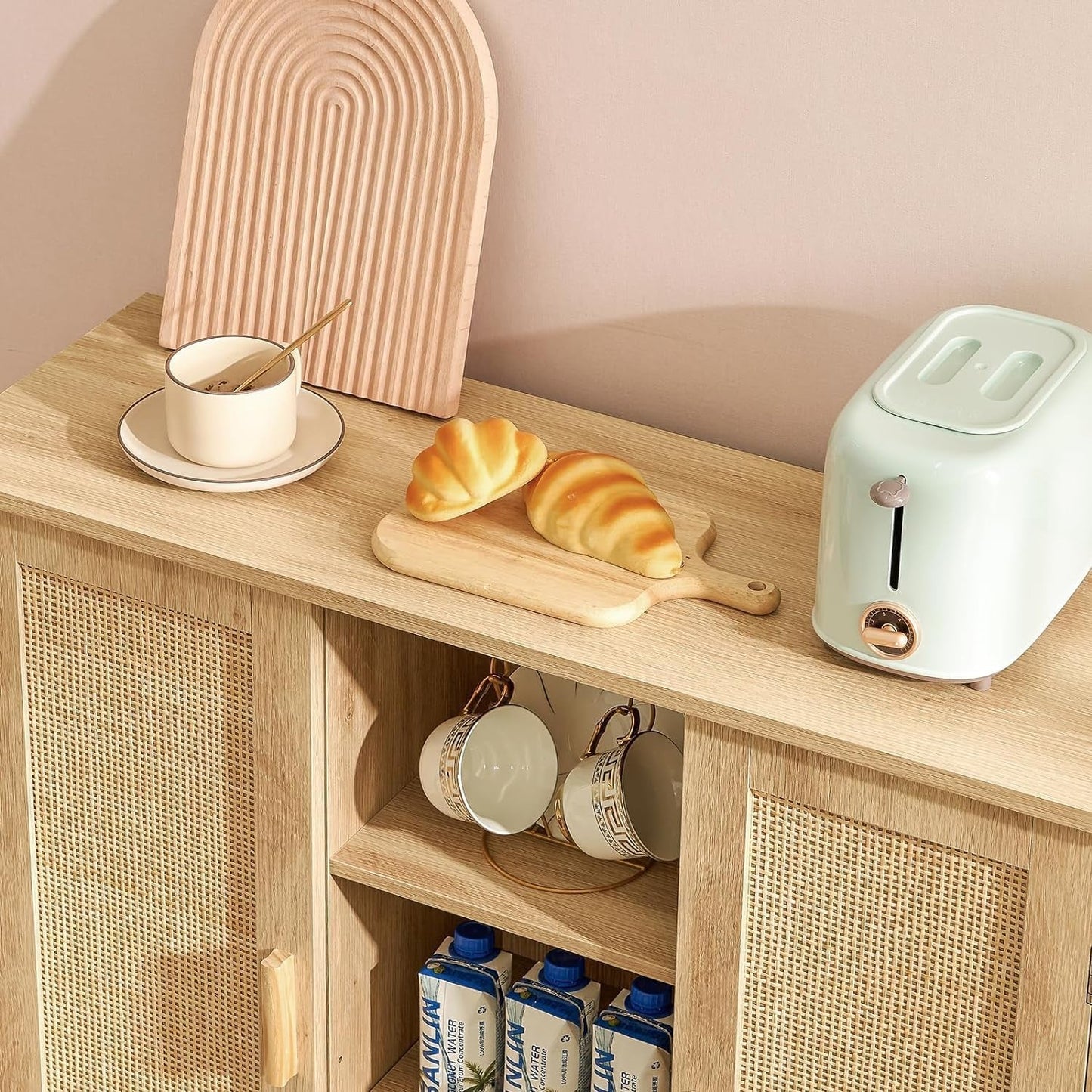 Storage Cabinet, Rattan Cabinet with 4 Adjustable Shelves, Coffee Bar