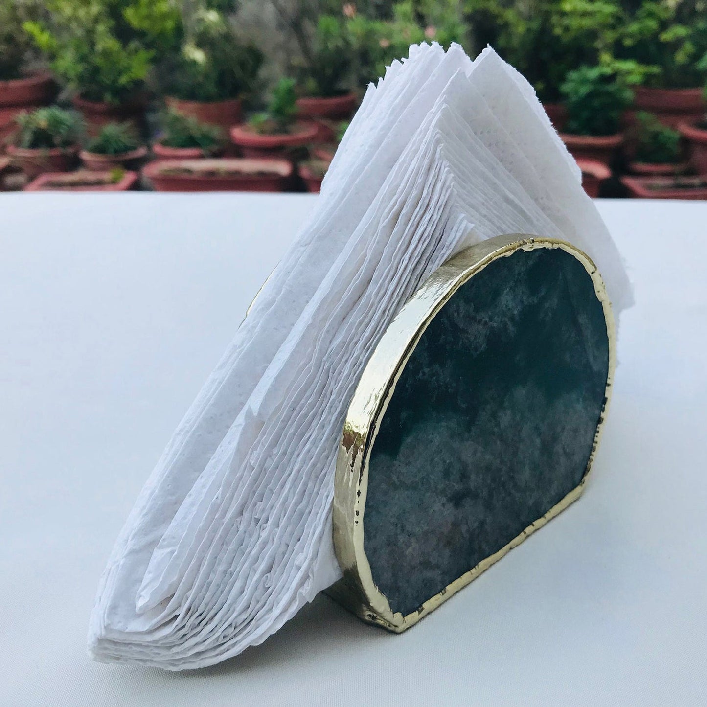Hand Rounded Green Agate Napkin Holder/Natural Stone Napkin