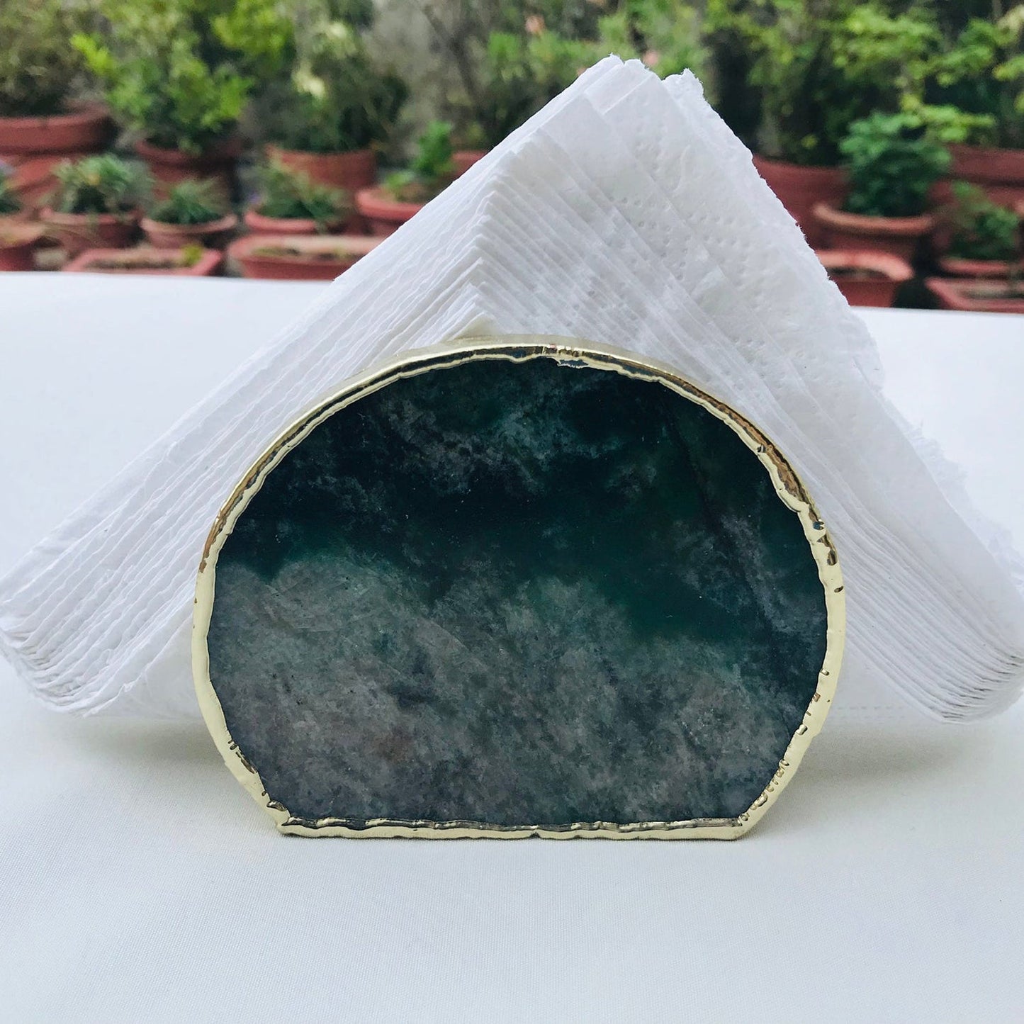 Hand Rounded Green Agate Napkin Holder/Natural Stone Napkin