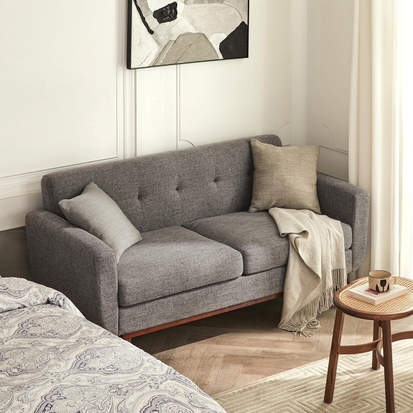 Grey Mid-Century Loveseat Sofa Easy Assembly, Solid Wood