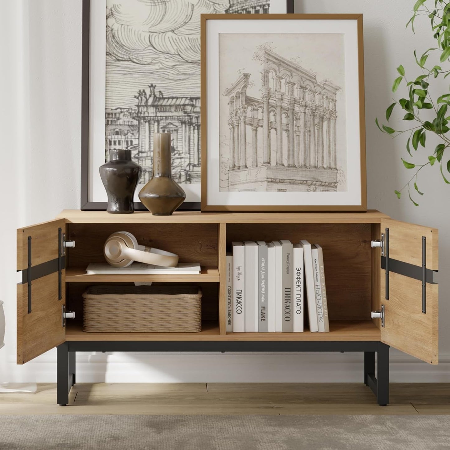 Modern TV Stand with Storage Cabinets for 110 Inch TV, Wood TV