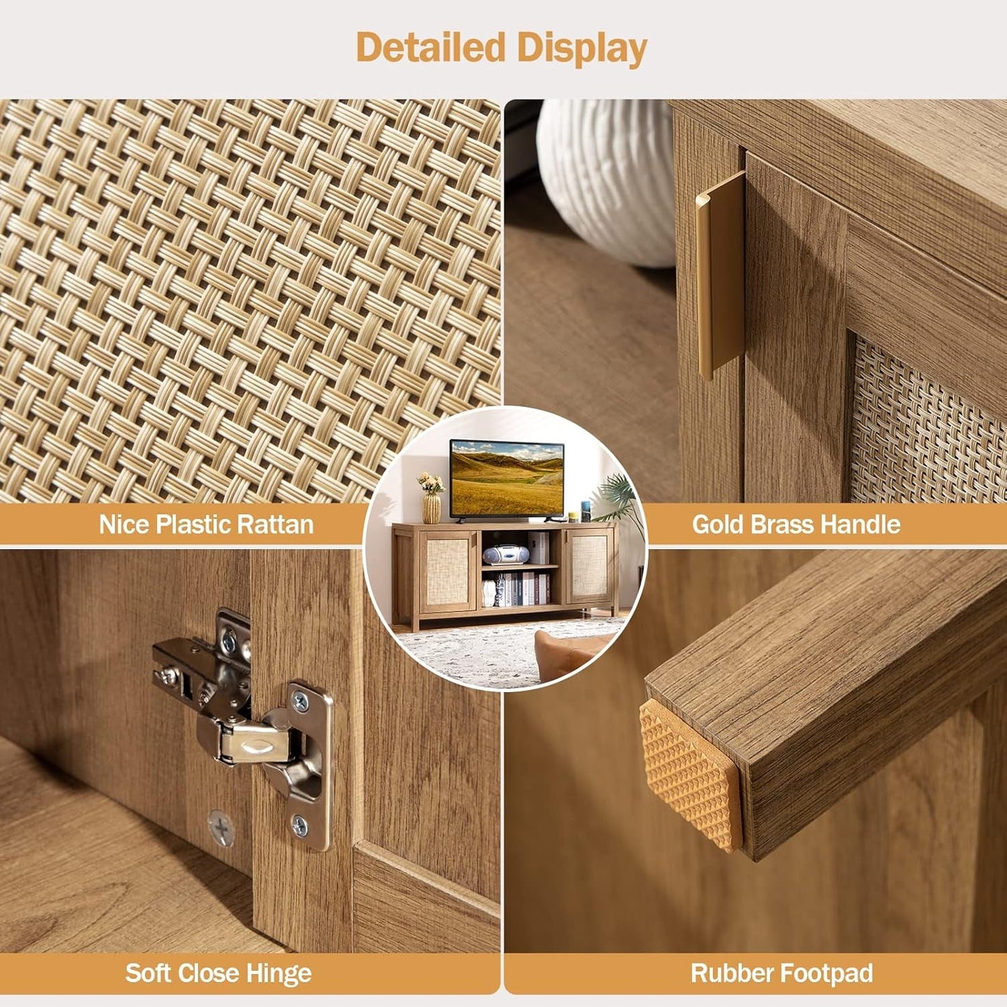 TV Stand for Living Room : Rattan TV Console Cabinet with Storage and