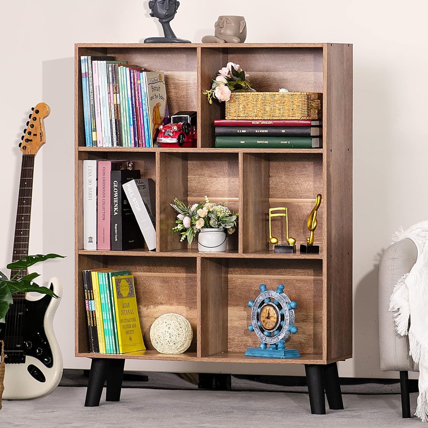 7 Cube Bookshelf 3 Tier Modern Bookcase with Legs,Wood Book Shelves