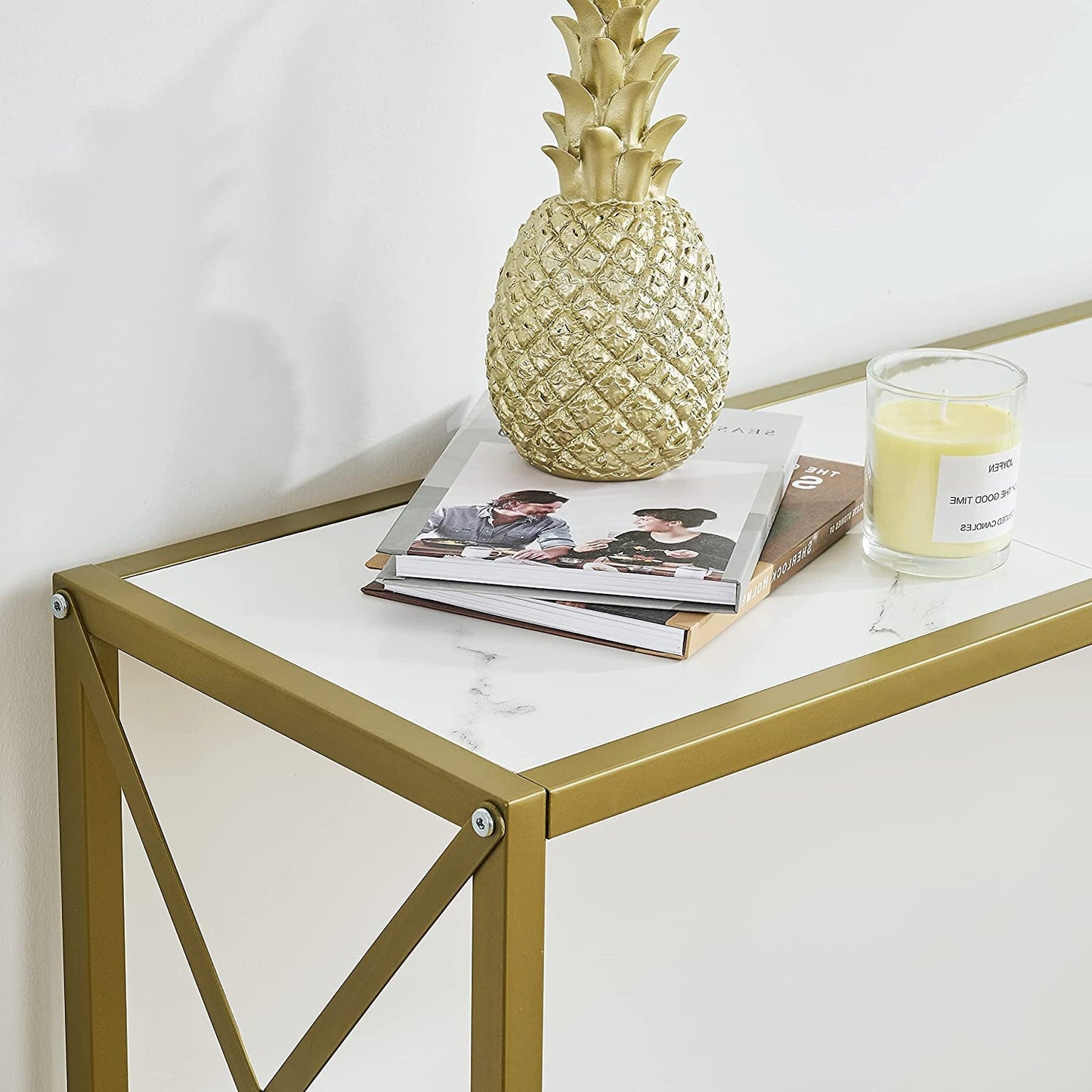 Gold and White Narrow Console Table with Shelves