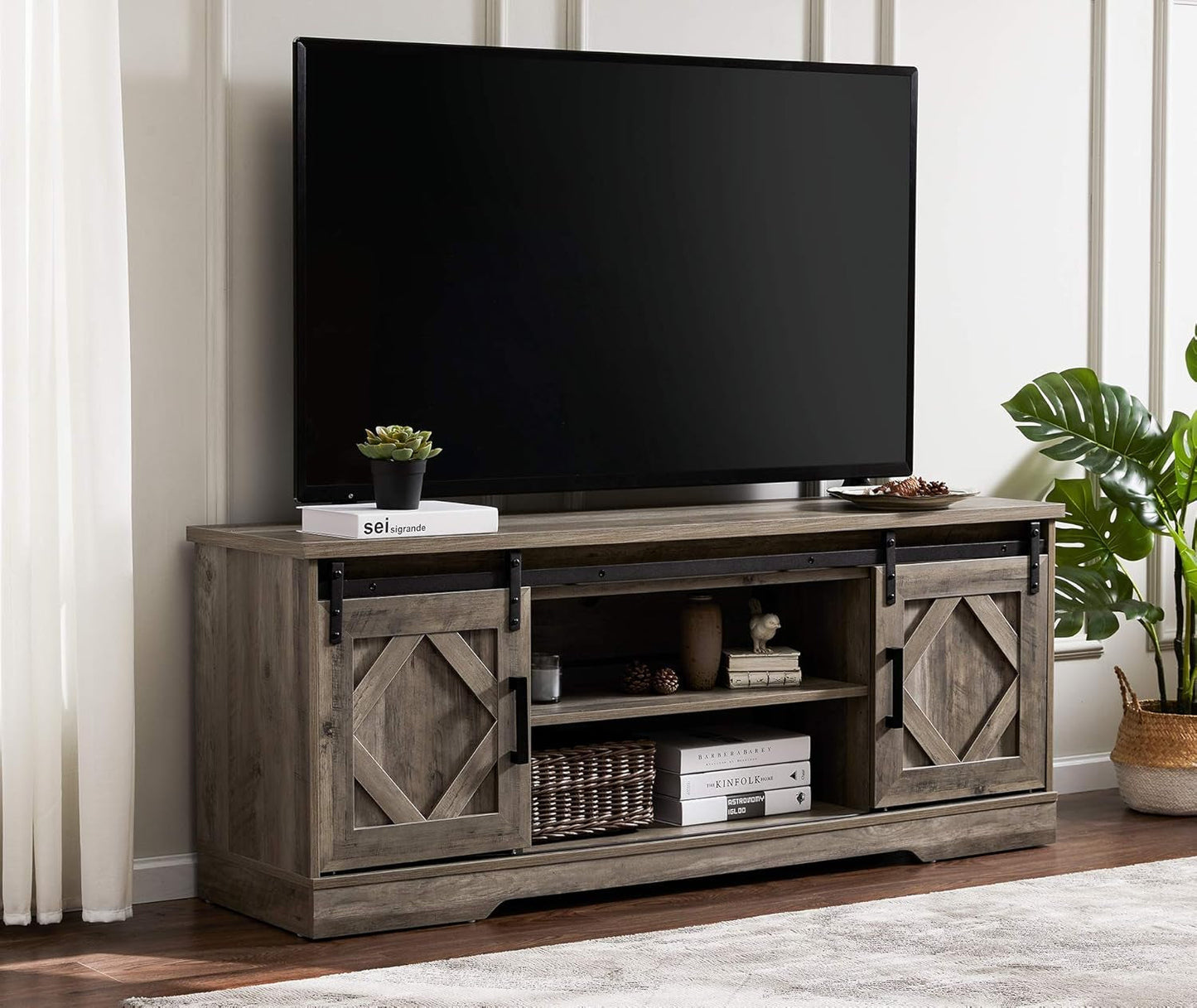Farmhouse Sliding Barn Door TV Stand for Tvs up to 65 Inch, Modern