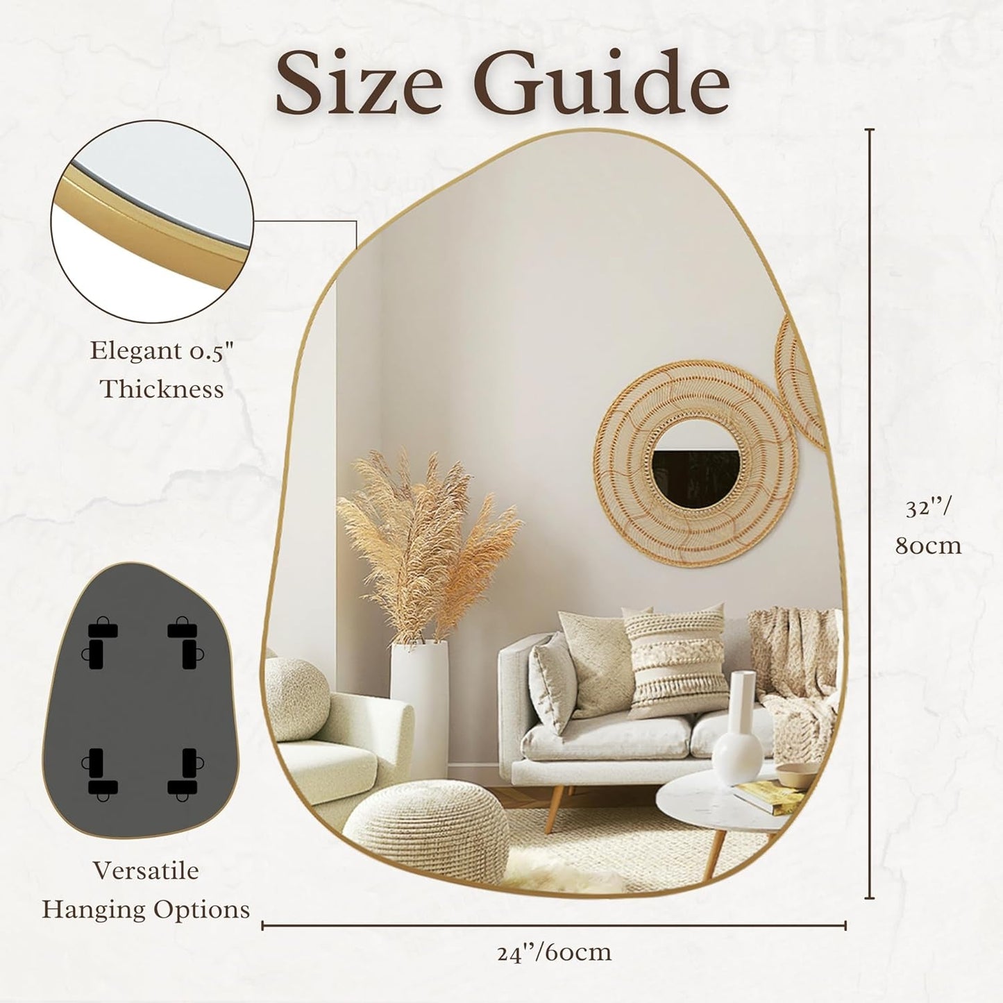 Contemporary Asymmetrical Wall Mirror with Golden Wood Frame - Ideal