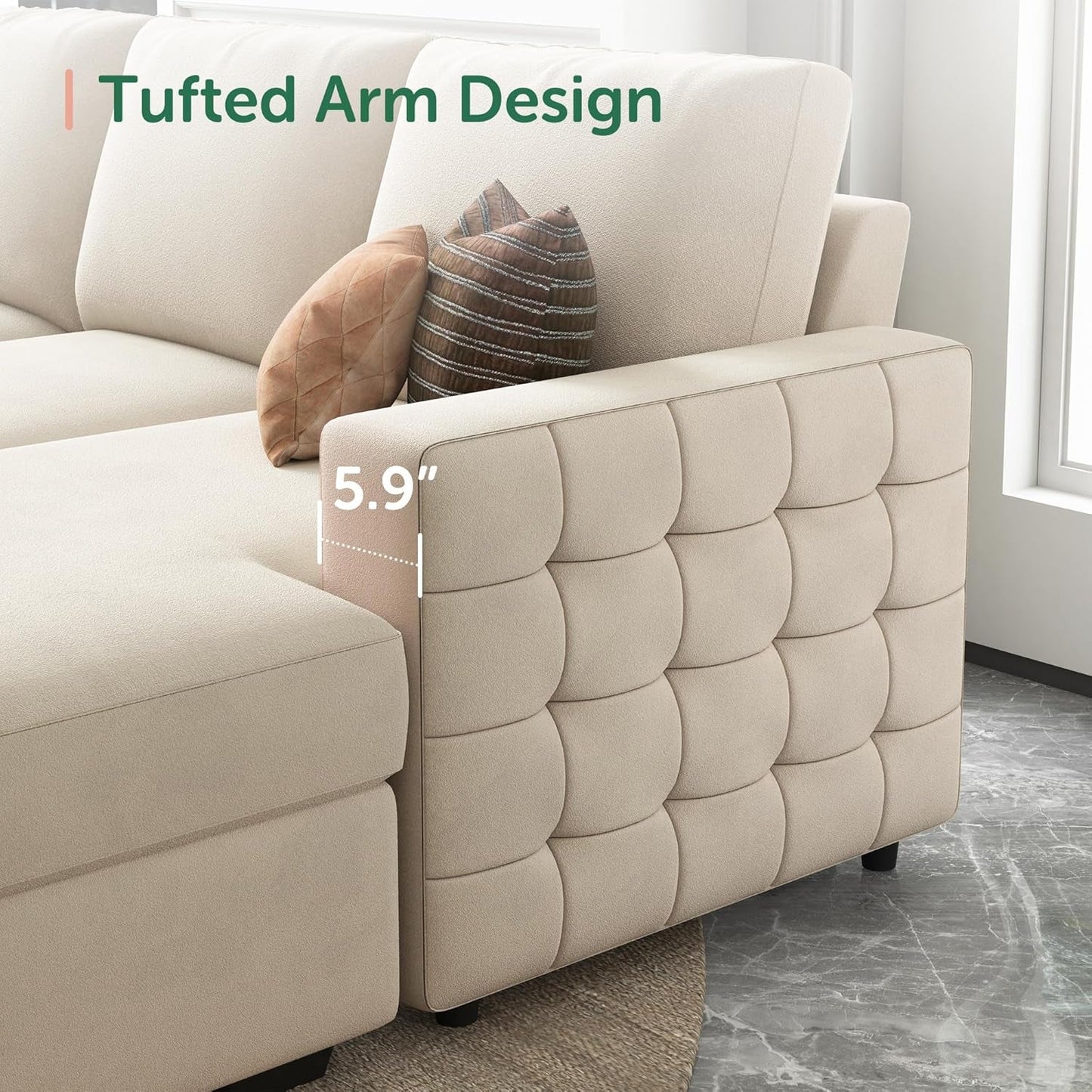 Beige U-Shaped Sectional Sleeper Storage, Velvet, Pullout Bed