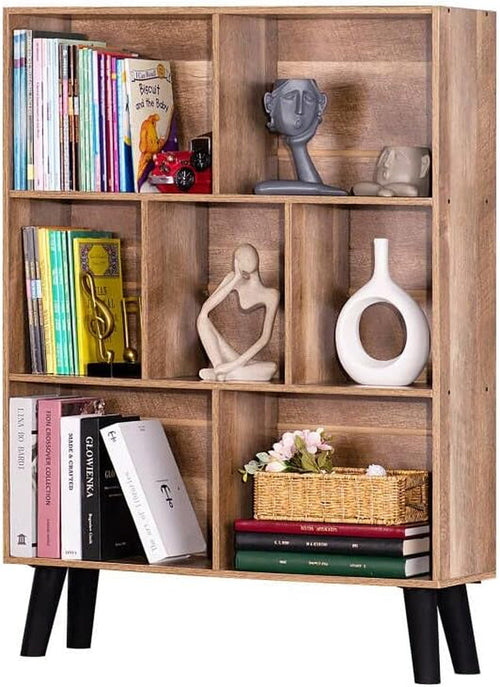7 Cube Bookshelf 3 Tier Modern Bookcase with Legs,Wood Book Shelves