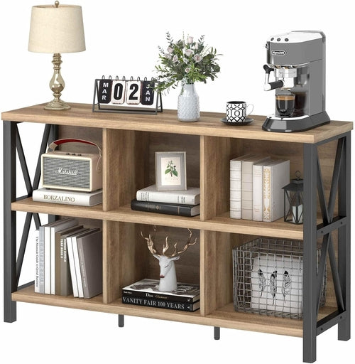6 Cube Storage Organizer with Shelf, Long Wood and Metal Cubby