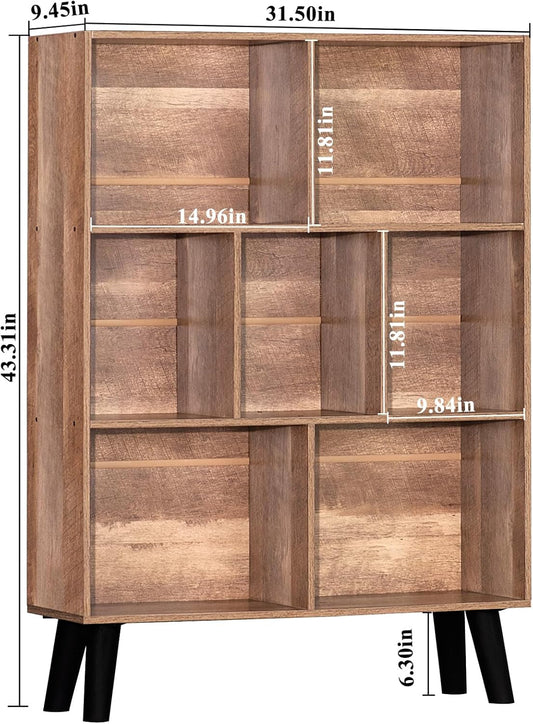 7 Cube Bookshelf 3 Tier Modern Bookcase with Legs,Wood Book Shelves