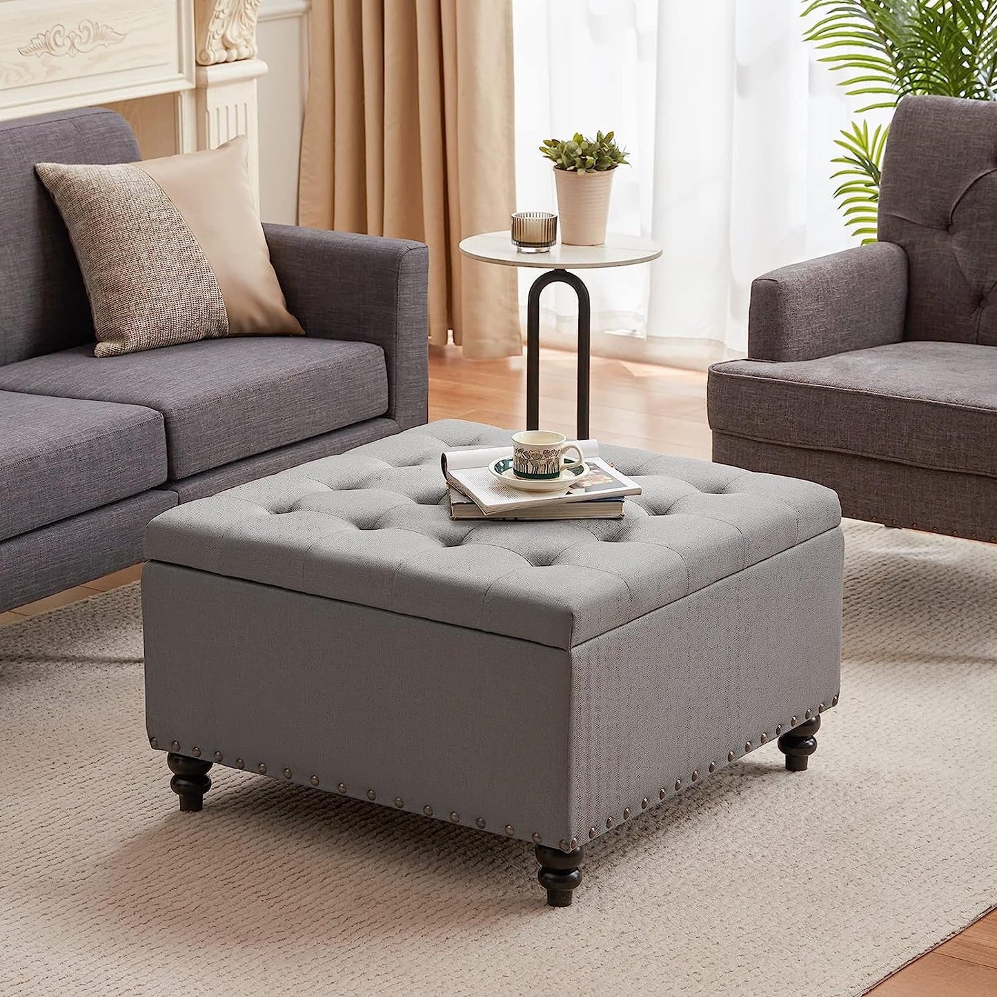 Grey Tufted Ottoman with Storage for Living Room
