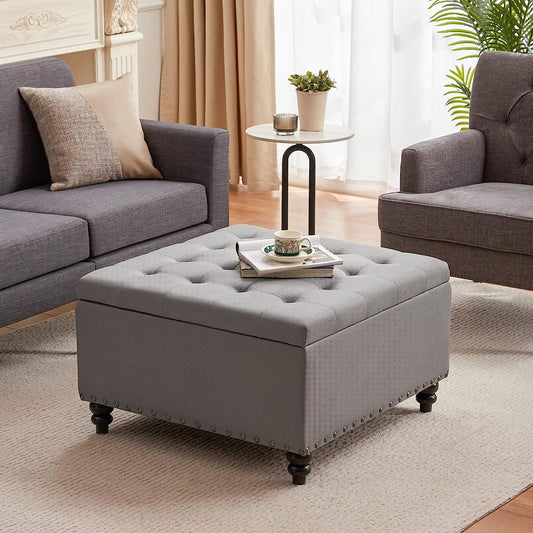 Grey Tufted Ottoman with Storage for Living Room