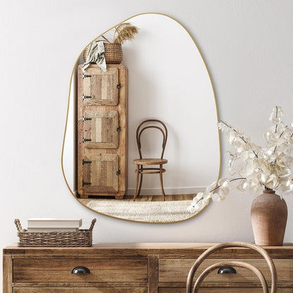 Contemporary Asymmetrical Wall Mirror with Golden Wood Frame - Ideal
