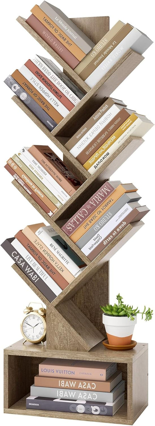 6 Tier Tree Bookshelf, Tall Bookcase with Drawer, Freestanding Book