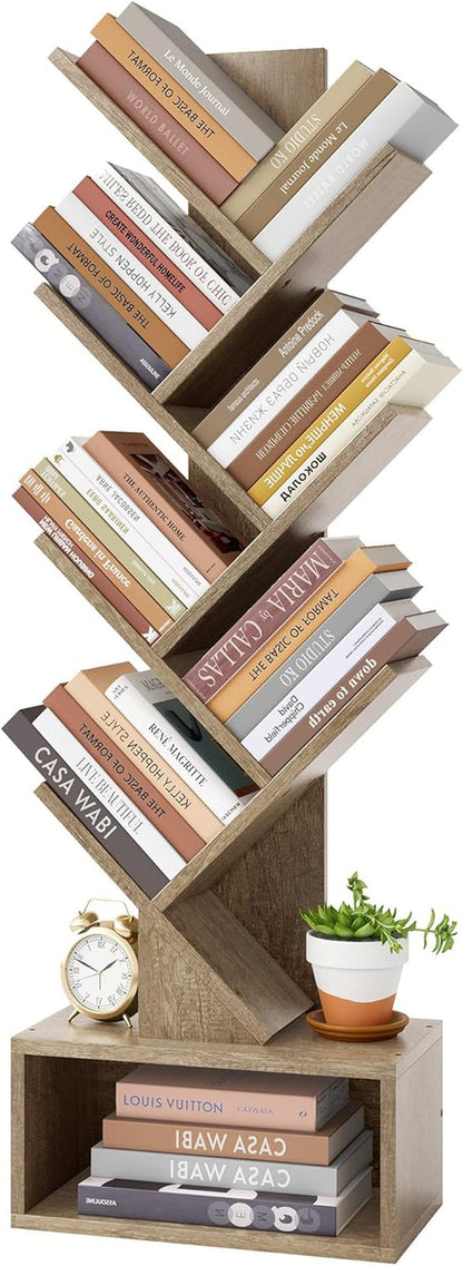 6 Tier Tree Bookshelf, Tall Bookcase with Drawer, Freestanding Book