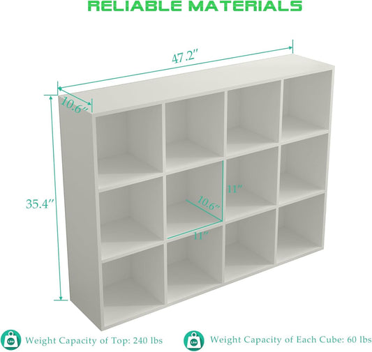 12-Cube Storage Shelf Bookcase - Wooden 3-Tier Floor Standing Open