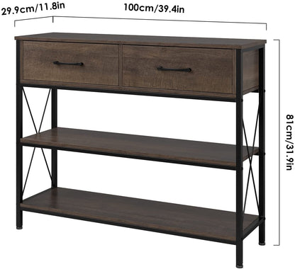 Vintage Industrial Sofa Table with Drawers and Shelves