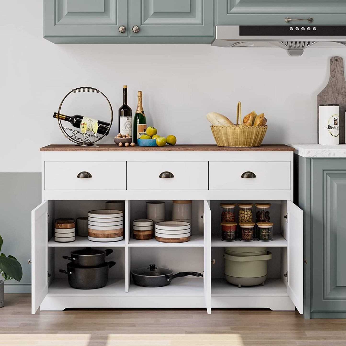 Farmhouse Buffet Cabinet, Wine Storage, Adjustable Shelves