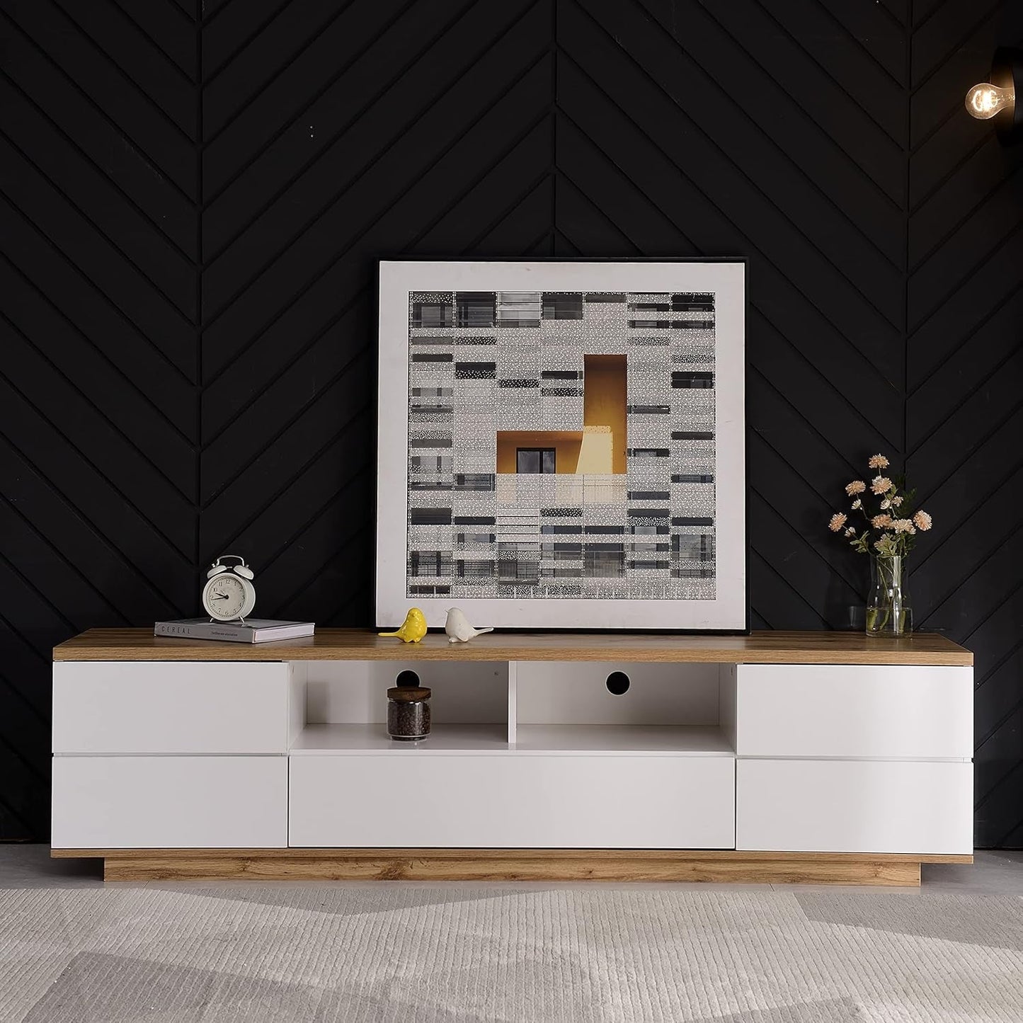 Wood TV Stand Entertainment Center with Storage Cabinets & Open