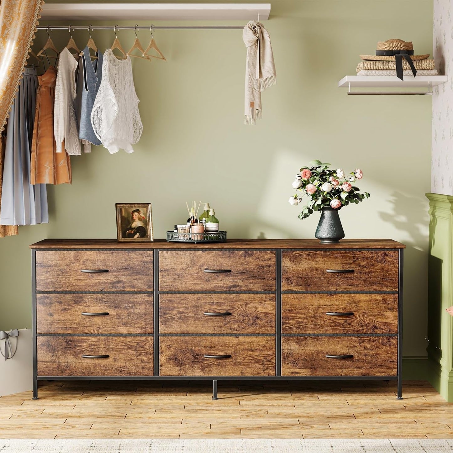 9 Drawer Dresser, 55 Inch Dresser TV Stand for 55, 60 Inch TV,