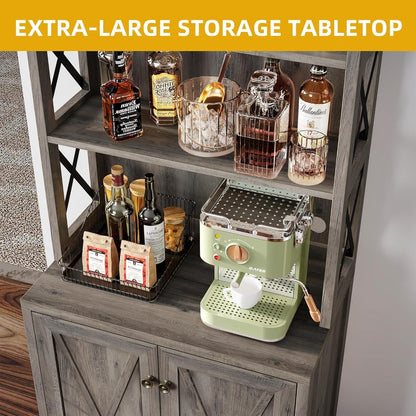 67" Farmhouse Wine Bar Cabinet Liquor Glasses Grey