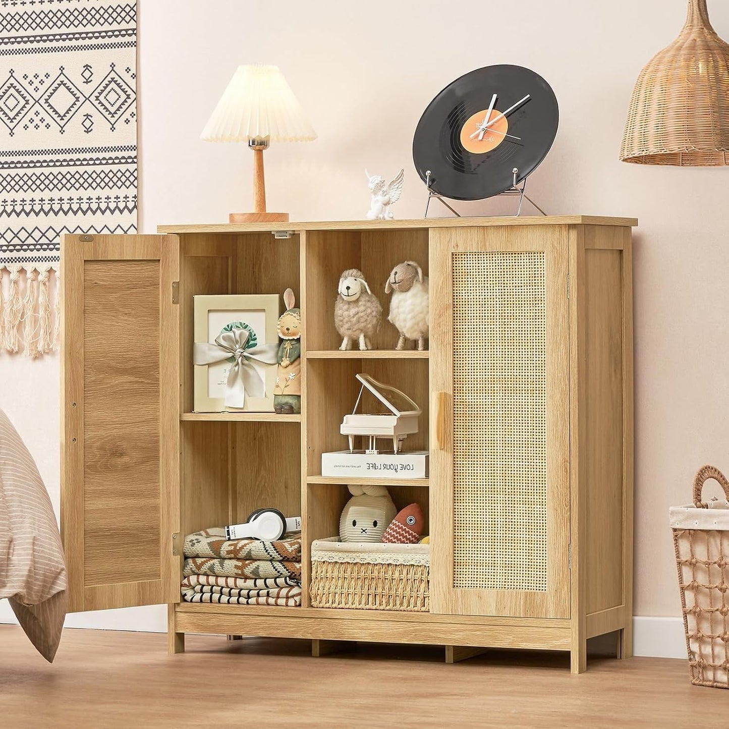 Storage Cabinet, Rattan Cabinet with 4 Adjustable Shelves, Coffee Bar