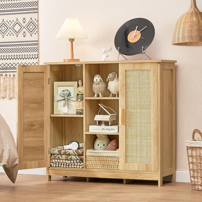 Storage Cabinet, Rattan Cabinet with 4 Adjustable Shelves, Coffee Bar